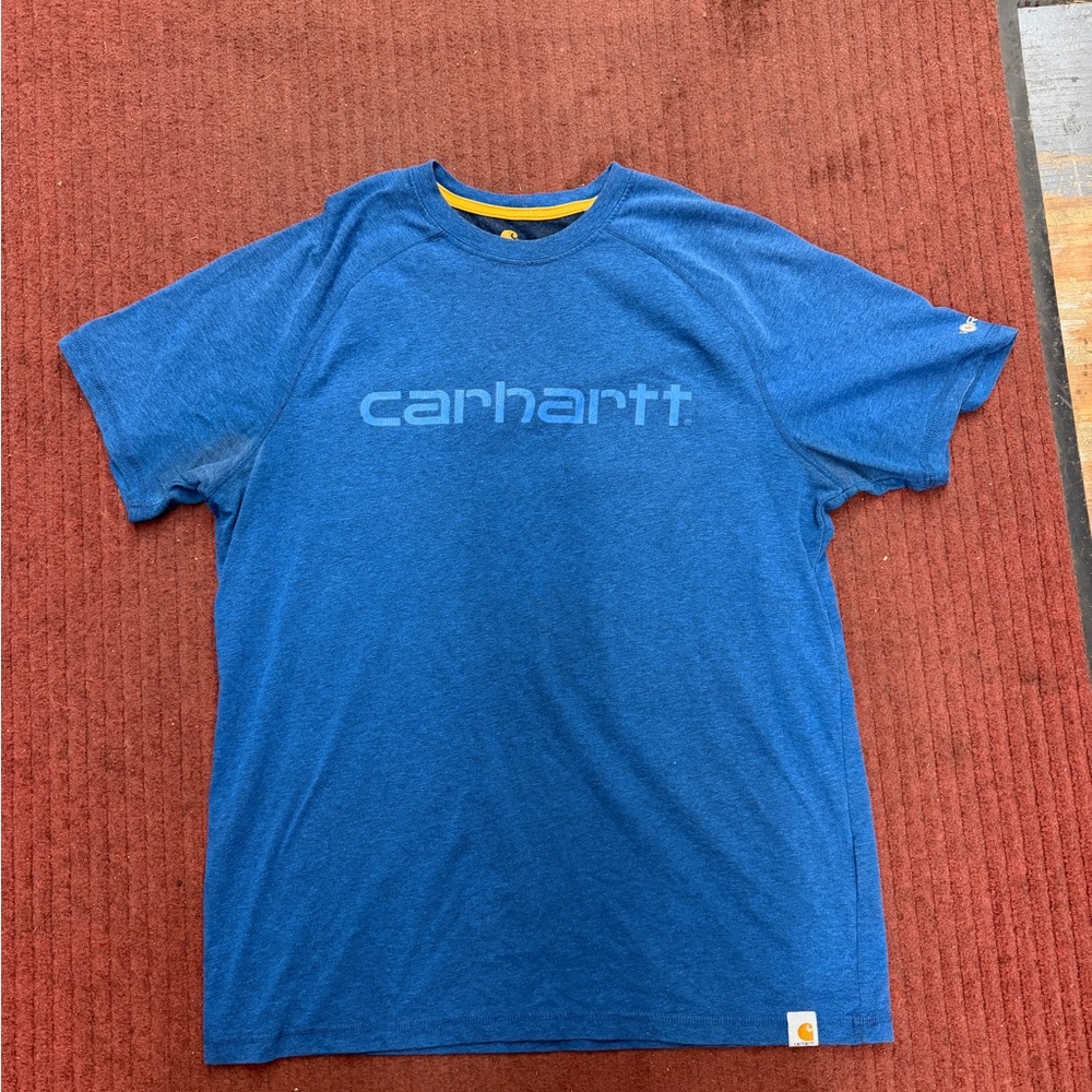 Carhartt Blue Short Sleeve Logo Tee with Yellow Neck Accent